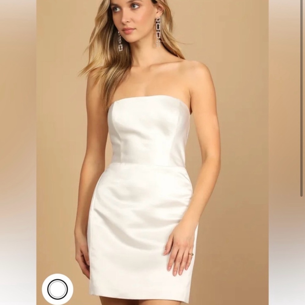 Lulu’s Elegant White Strapless engagement silk Dress with bow
